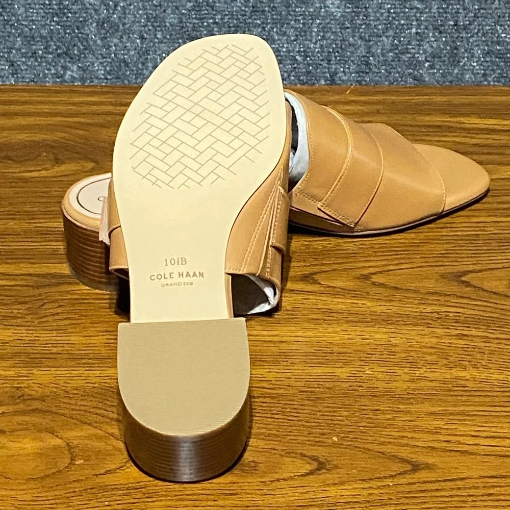 Cole Haan Crosby Slide Leather Sandal Women 10.5B‎ Tan Block Heel Gold Buckle